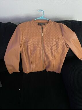 Colleen Lopez Cognac Woven Faux Leather Zip Jacket
